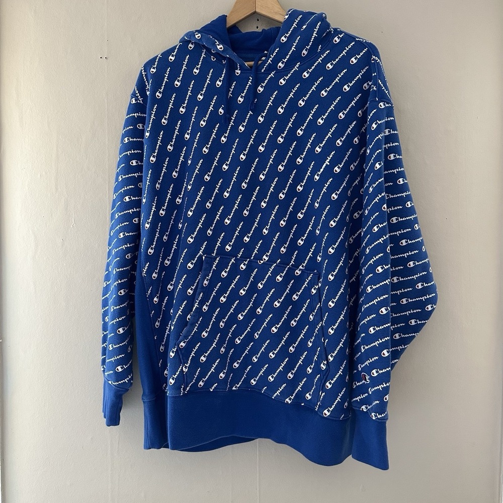 Champion Mens Reverse Weave Hoodie Size 2XL Blue AOP Spellout Streetwear Heavy